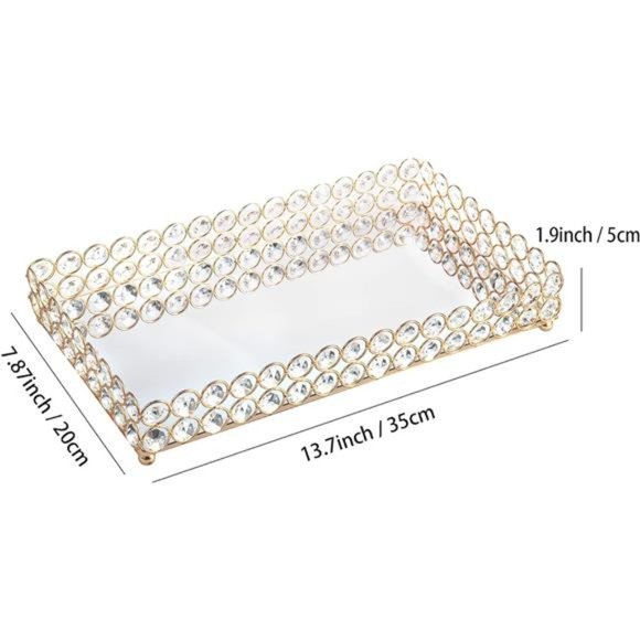 Large Crystal Rectangle Mirrored Tray Cosmetic Vanity Tray Organizer Tray - Picture 3 of 7